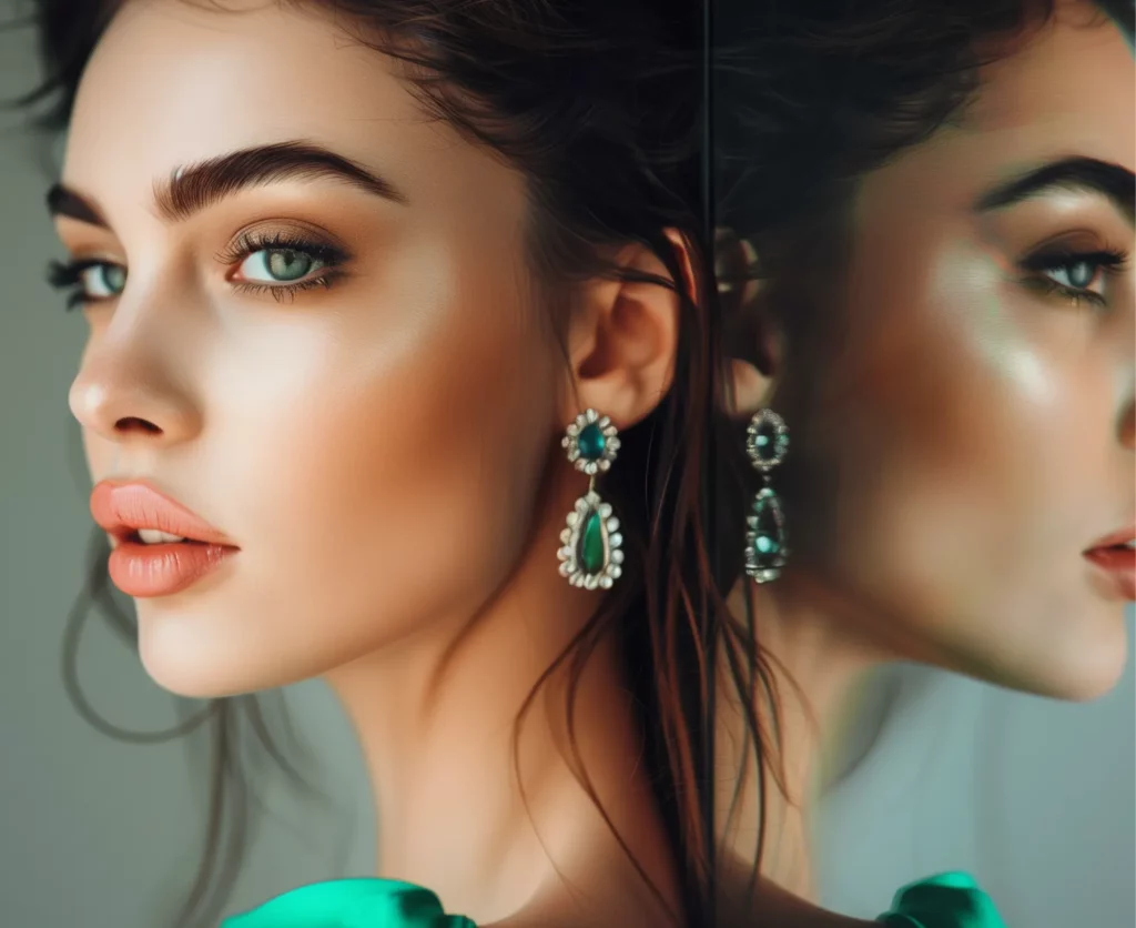 Portrait of a satisfied patient leaning against a mirror that reflects her face.